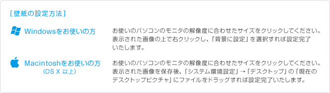 ［壁紙の設定方法］Windowsをお使いの方：お使いのパソコンのモニタの解像度に合わせたサイズをクリックしてください。表示された画像の上で右クリックし、「背景に設定」を選択すれば設定完了いたします。　Macintoshをお使いの方（OS X 以上）：お使いのパソコンのモニタの解像度に合わせたサイズをクリックしてください。表示された画像を保存後、「システム環境設定」→「デスクトップ」の「現在のデスクトップピクチャ」にファイルをドラッグすれば設定完了いたします。